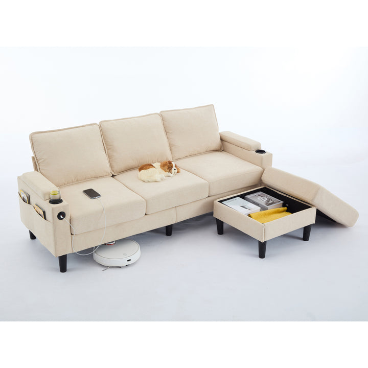 beige color knock down 3-seat combo sofa with storage ottoman
