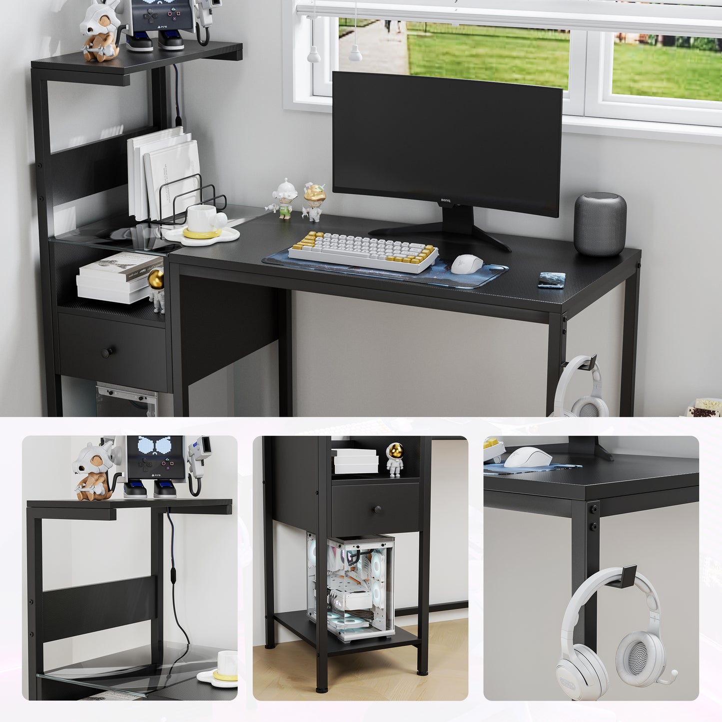 Computer Desk with Power Outlet & Storage Shelves with USB Ports Charging Station, Black