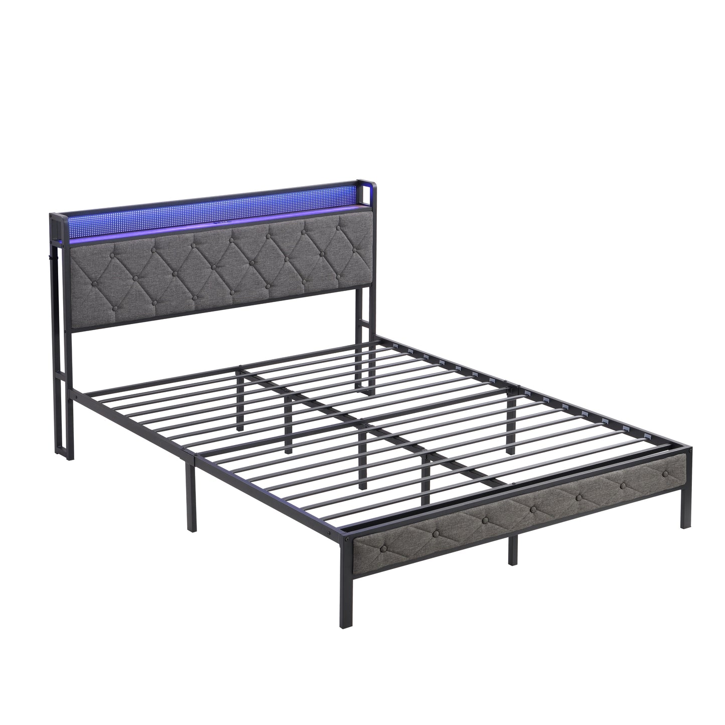 Queen Bed Frame with Storage Headboard, Charging Station and LED Lights, Dark Gray