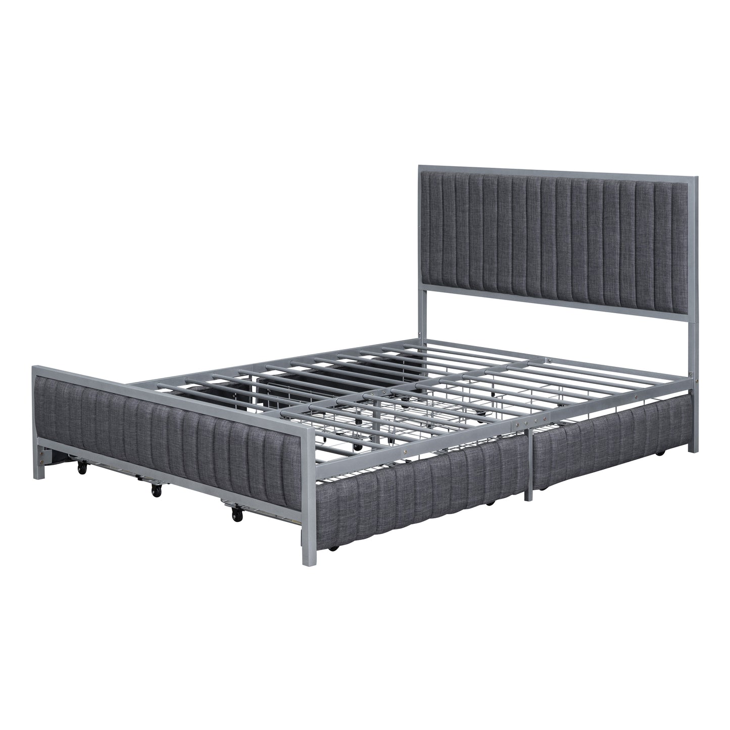 Full Size Metal Frame Upholstered Bed with 4 Drawers, Linen Fabric, Gray