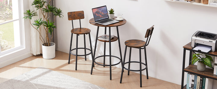Round bar stool set with shelves, stool with backrest Rustic Brown