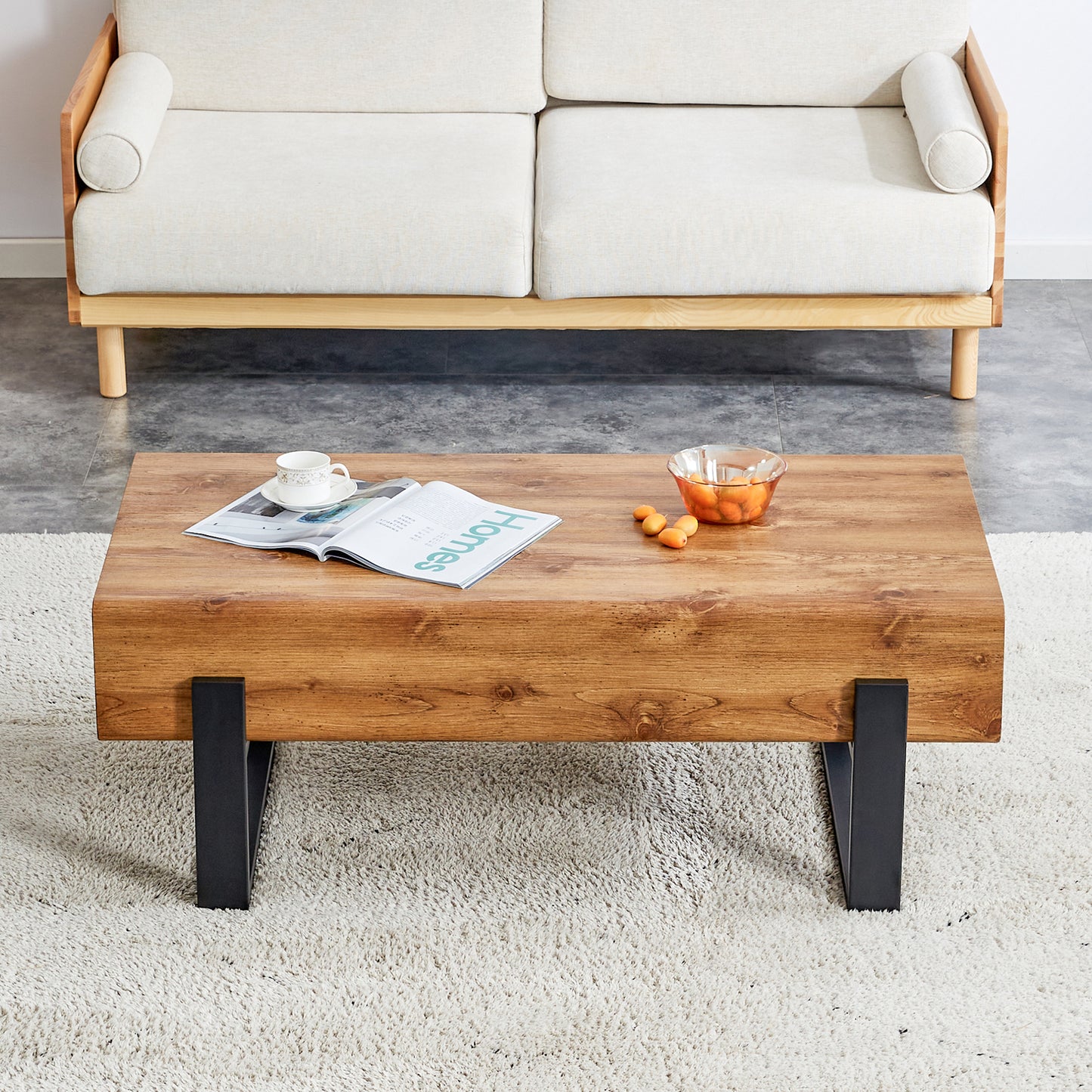 Rustic MDF Coffee Table with Metal Legs - Natural Wood Tone Elegance for Your Space