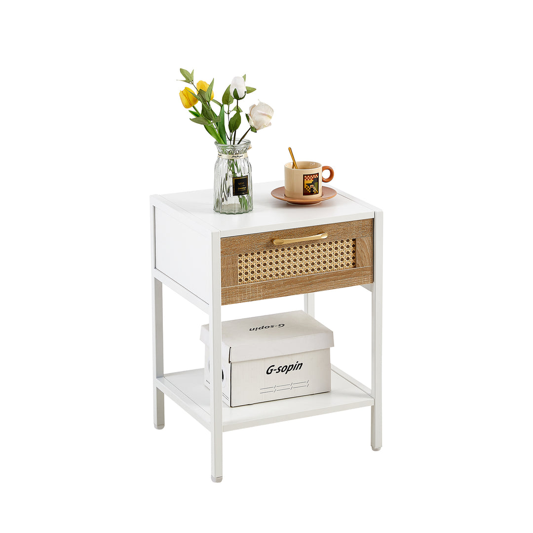 15.74" End table with  drawer, Modern nightstand, metal legs white(1 pc)