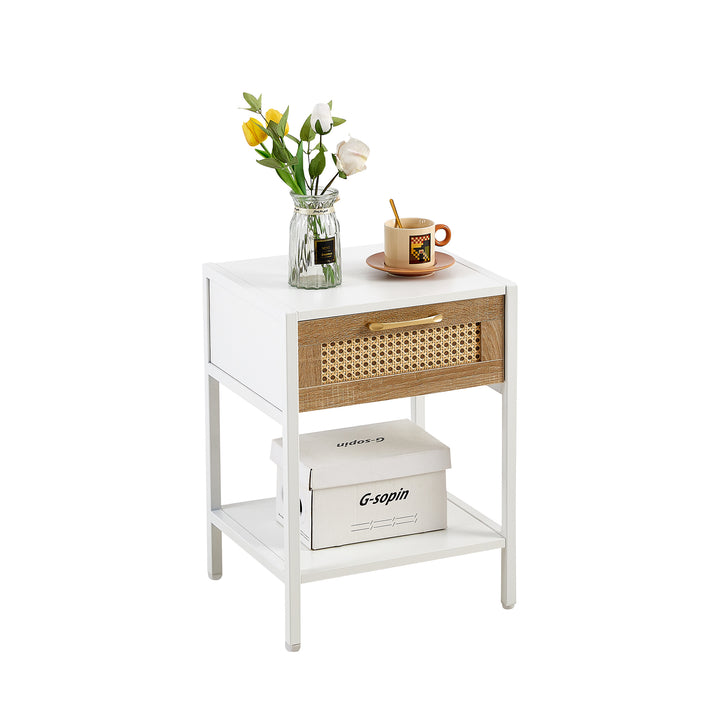 15.74" End table with  drawer, Modern nightstand, metal legs white(1 pc)