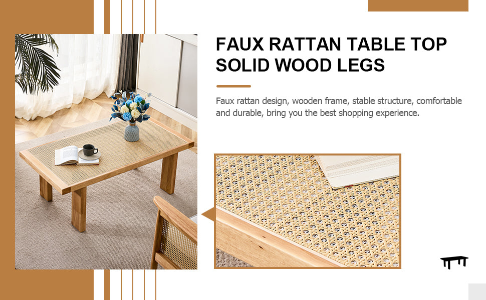 Modern and minimalist rectangular rattan tabletop with rubber wooden leg