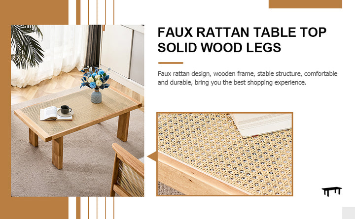 Modern and minimalist rectangular rattan tabletop with rubber wooden leg