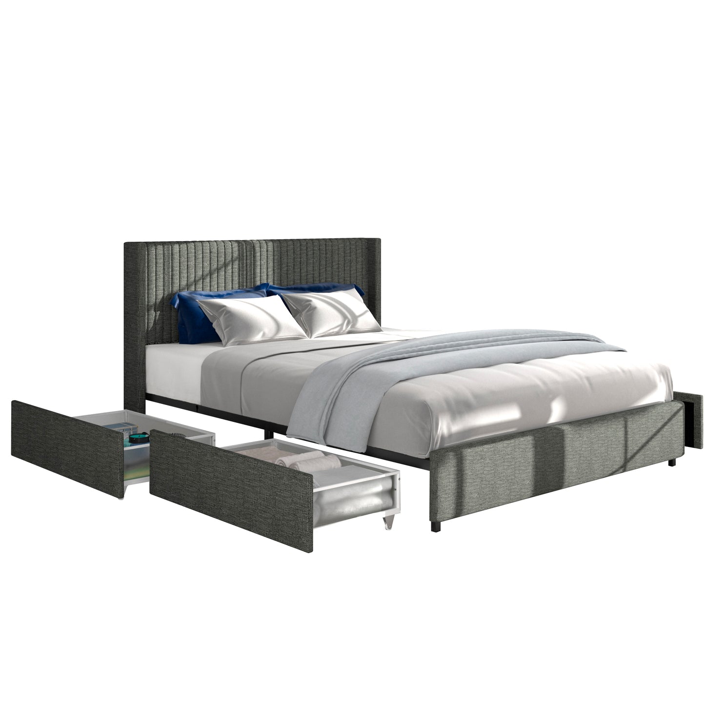 Queen Size Gray Linen Upholstered Wingback Platform Bed with Patented 4 Drawers Storage No Box Spring Needed