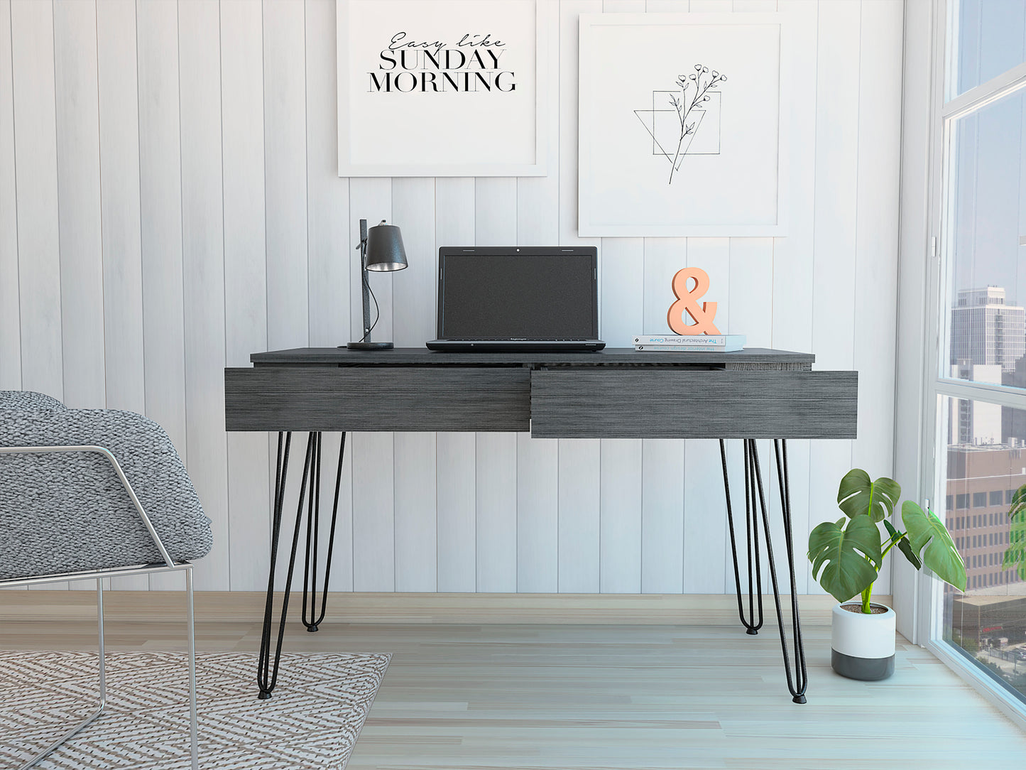 2-Drawer Writing Desk with Hairpin Legs Smokey Oak