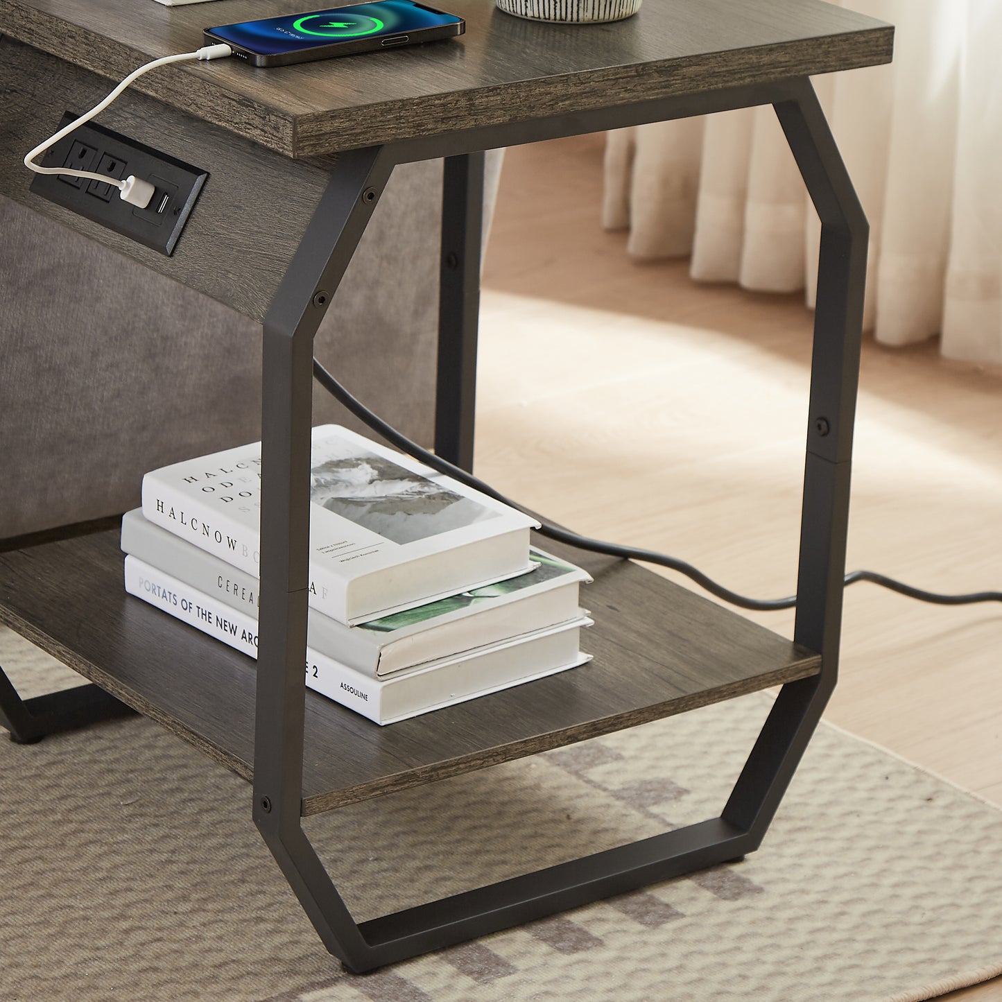 Side Table with Charging Station, Set of 2 End Tables with USB Ports and Sockets