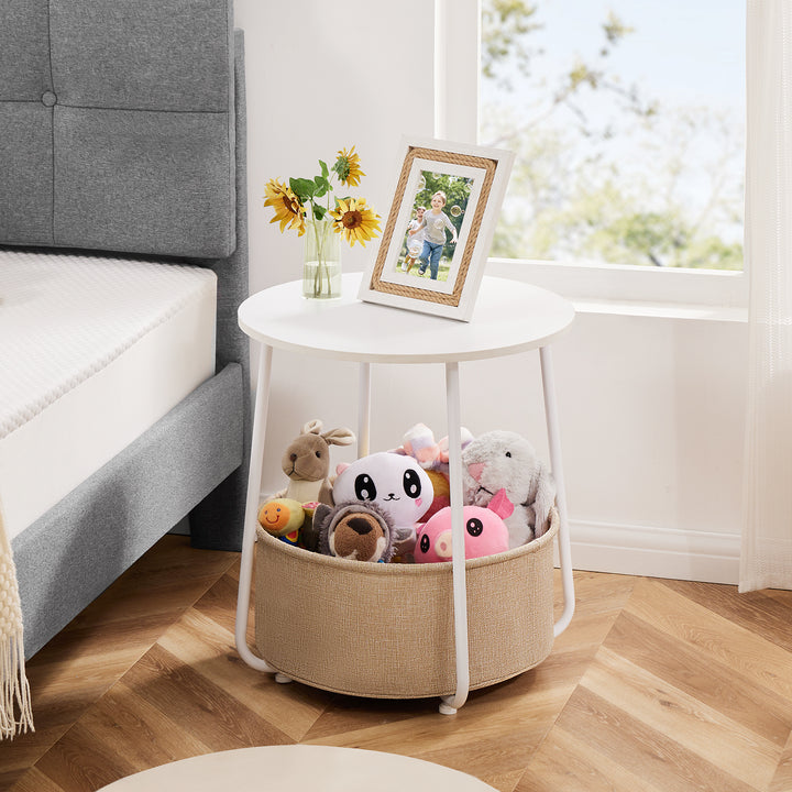 Small Round Side End Table for Living Room - White& Beige