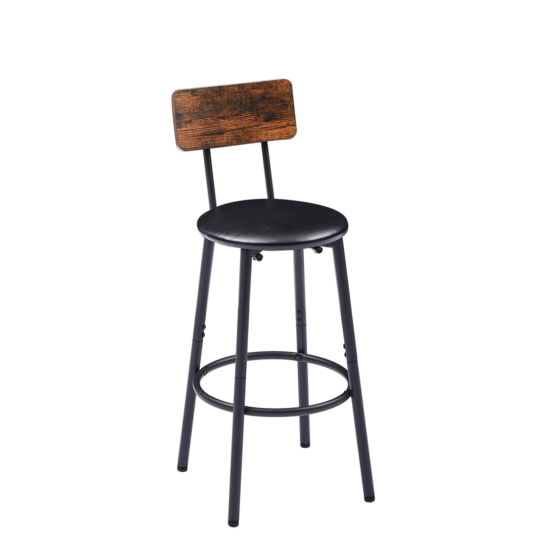 Round bar stool set with shelf, upholstered stool with backrest, Rustic Brown