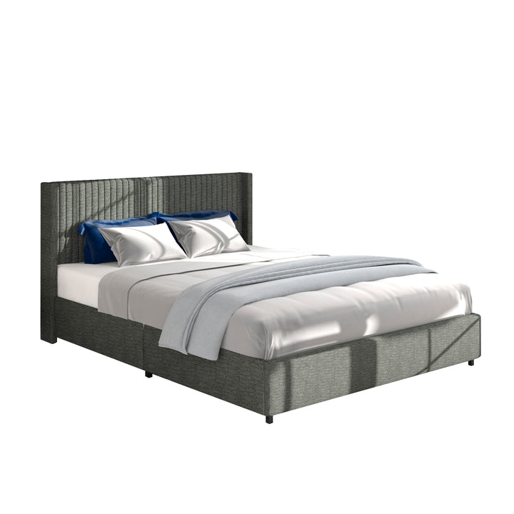 Queen Size Gray Linen Upholstered Wingback Platform Bed with Patented 4 Drawers Storage No Box Spring Needed