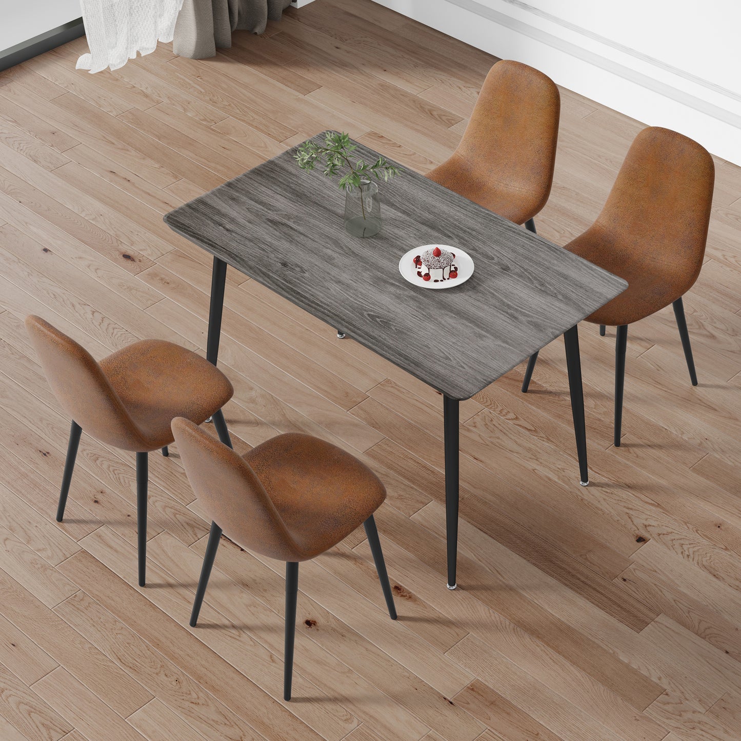 1 table and 4 chairs set.Gray wood grain table with MDF tabletop