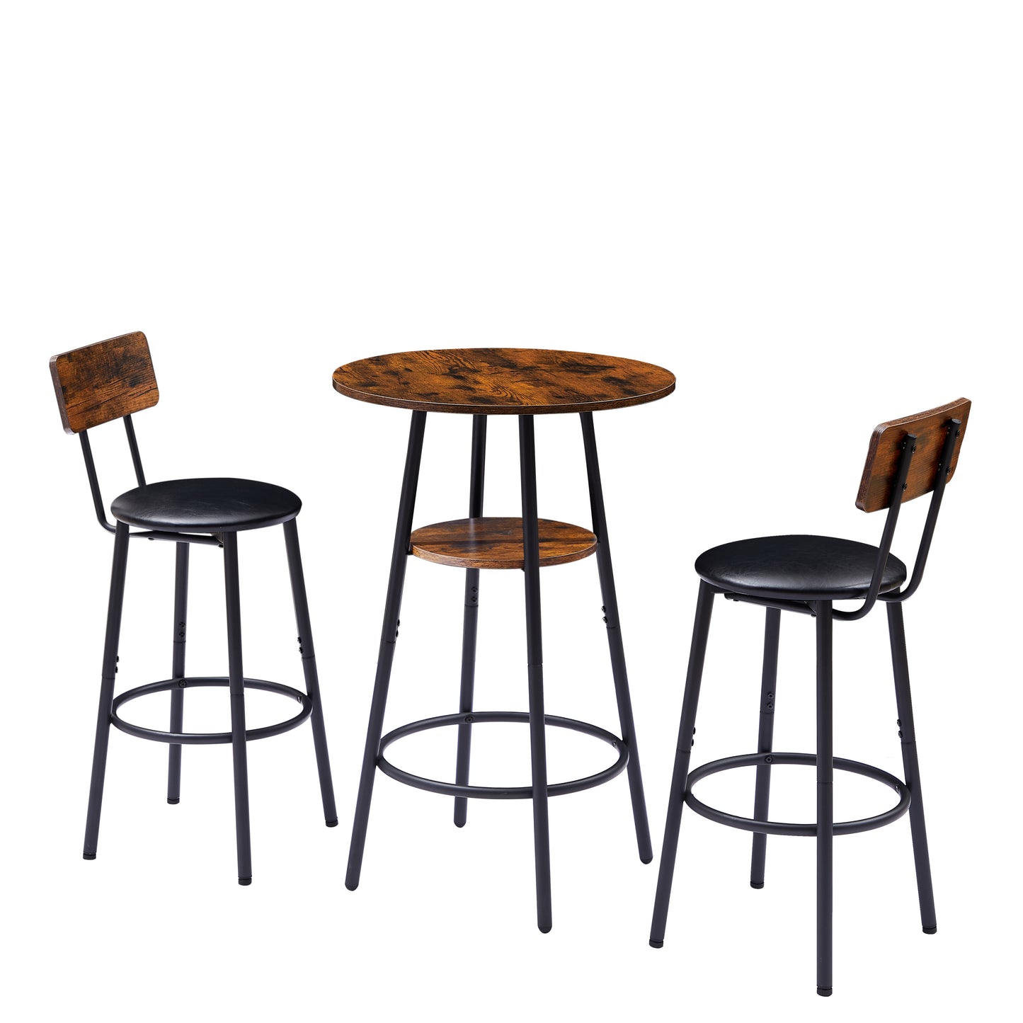 Round bar stool set with shelf, upholstered stool with backrest, Rustic Brown