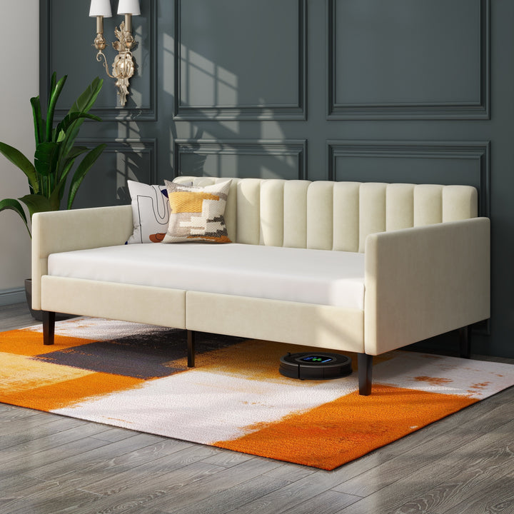 Twin Size Beige Velvet Upholstered Daybed, Ribbed Tufted Backrest