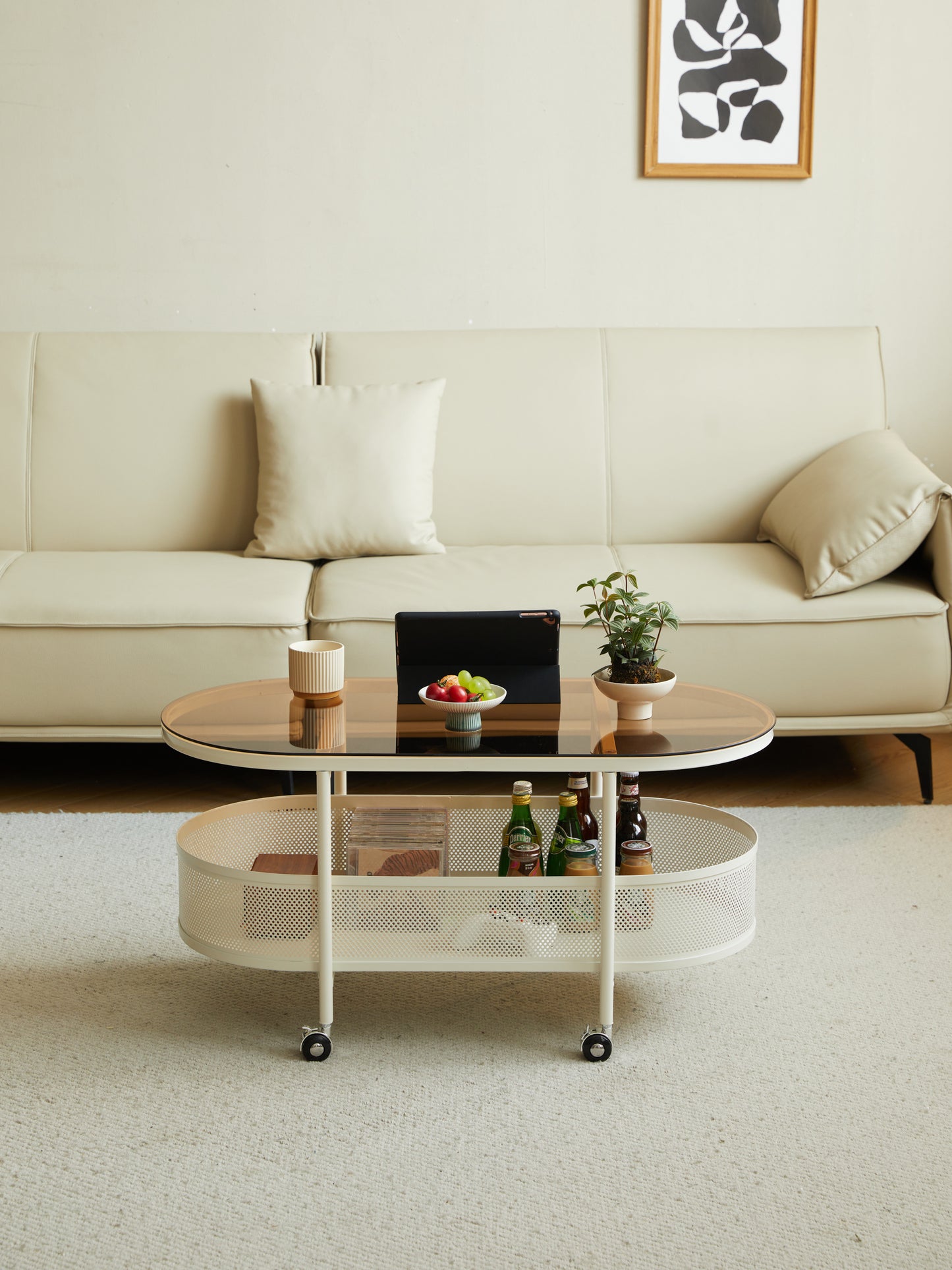 Movable oval metal glass coffee table with storage