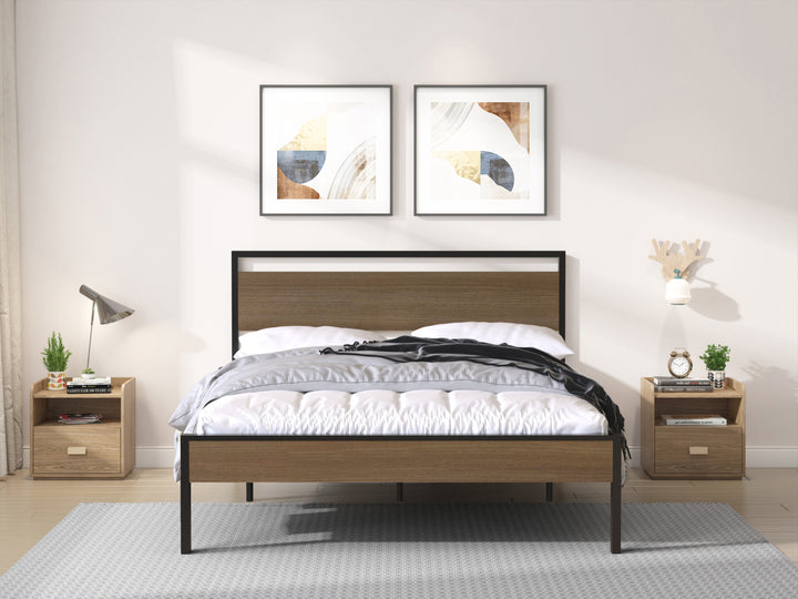 Metal Bed, Black with Cinnamon Wood Headboard & Footboard, Queen