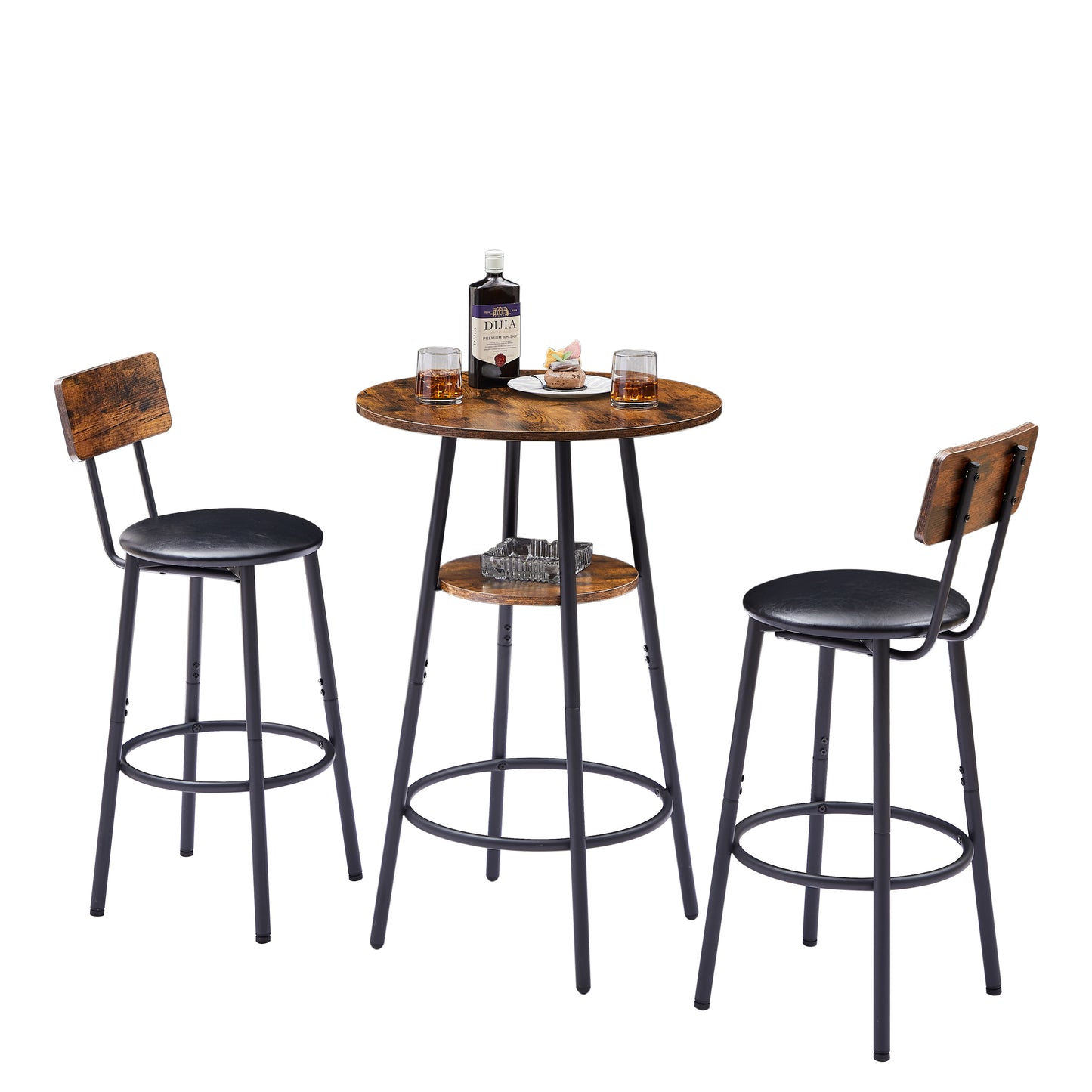 Round bar stool set with shelf, upholstered stool with backrest, Rustic Brown