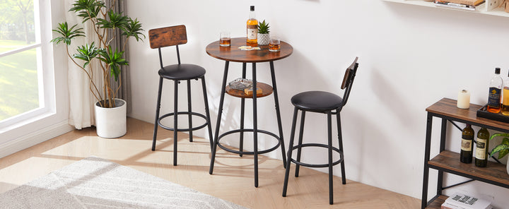Round bar stool set with shelf, upholstered stool with backrest, Rustic Brown