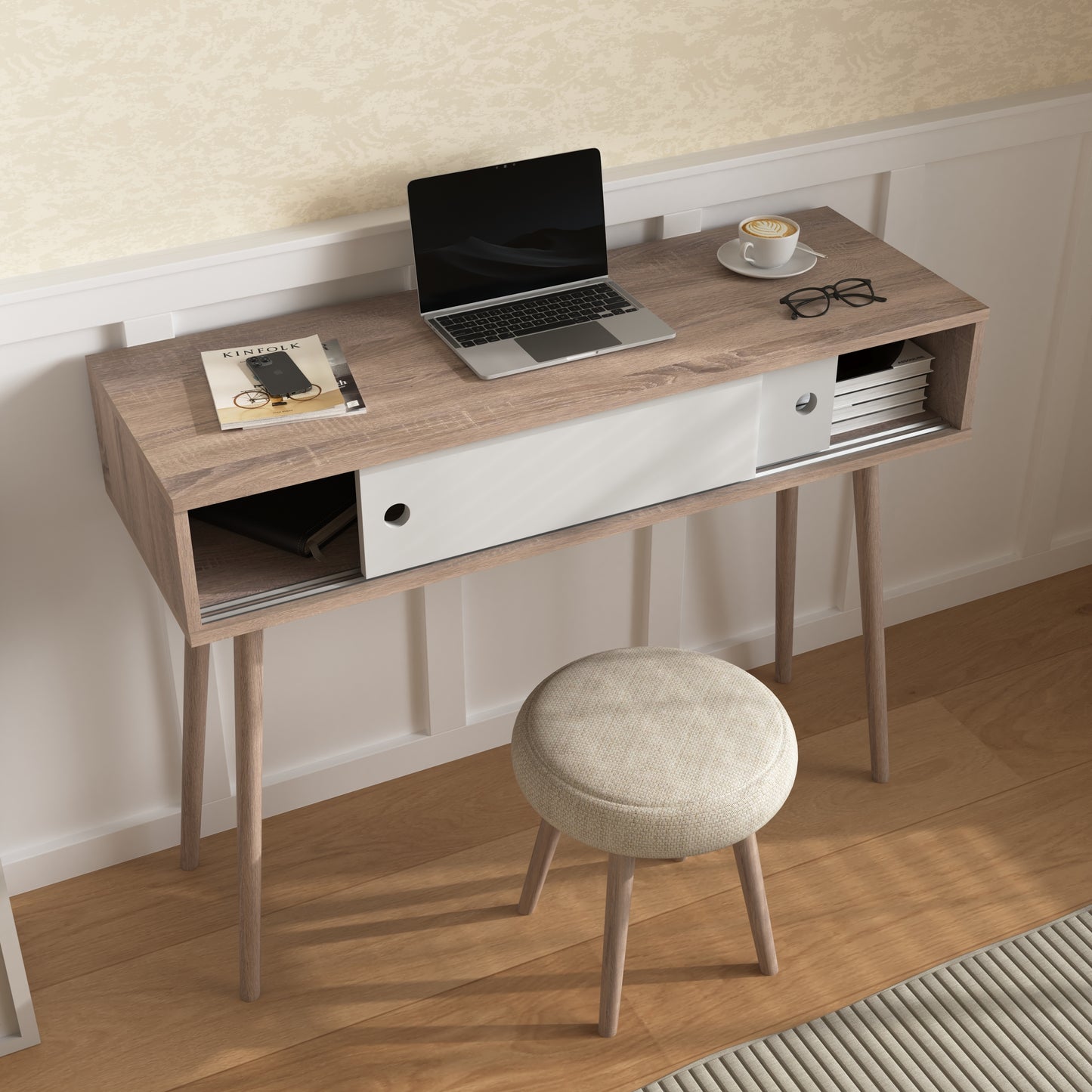 Table with 2 White Sliding Doors, Console Table with Storage Space and Wood Legs