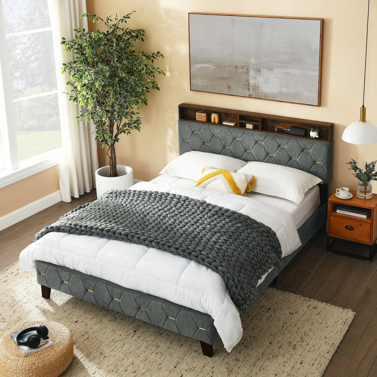 Queen Size Bed Frame, Shelf Upholstered Headboard, Platform Bed with Outlet & USB Ports Grey