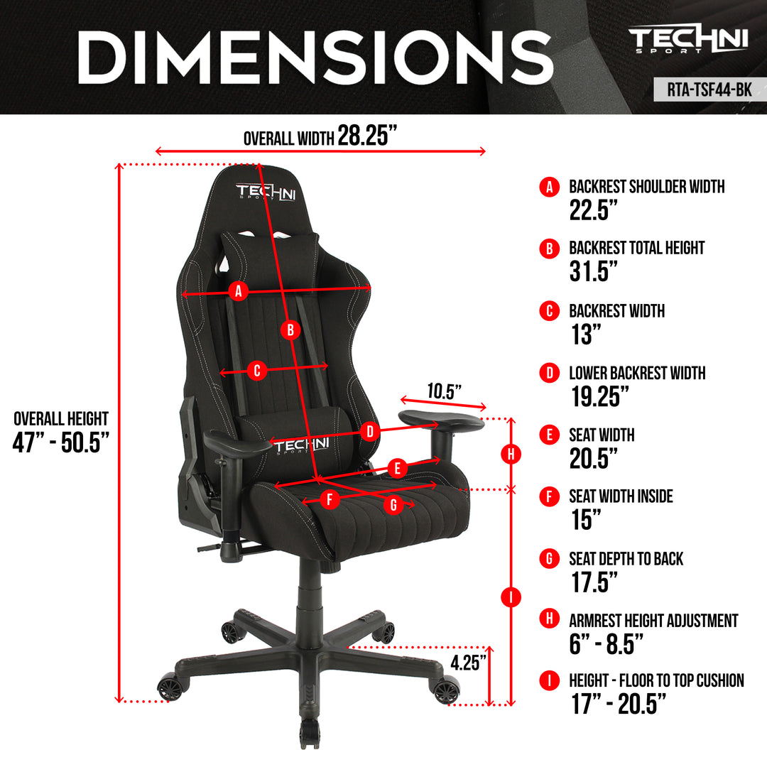 Sport TS-F44 Fabric Ergonomic High Back Racer Style PC Gaming Chair, Black