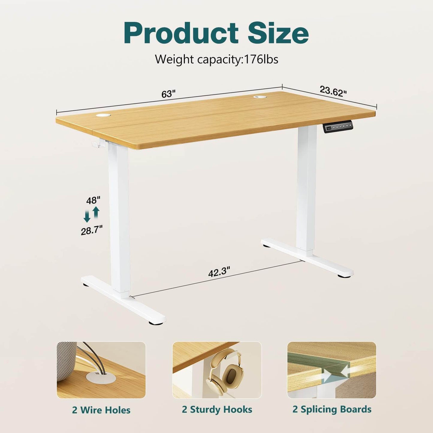 Electric Height Adjustable Standing Desk,Yellow,63'' x 24"