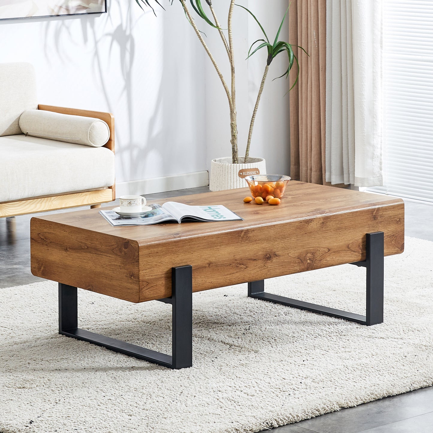 Rustic MDF Coffee Table with Metal Legs - Natural Wood Tone Elegance for Your Space