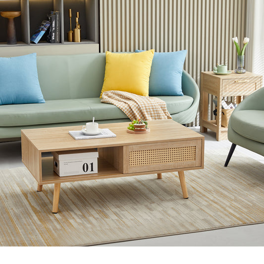 41.34" Rattan Coffee table, sliding door for storage