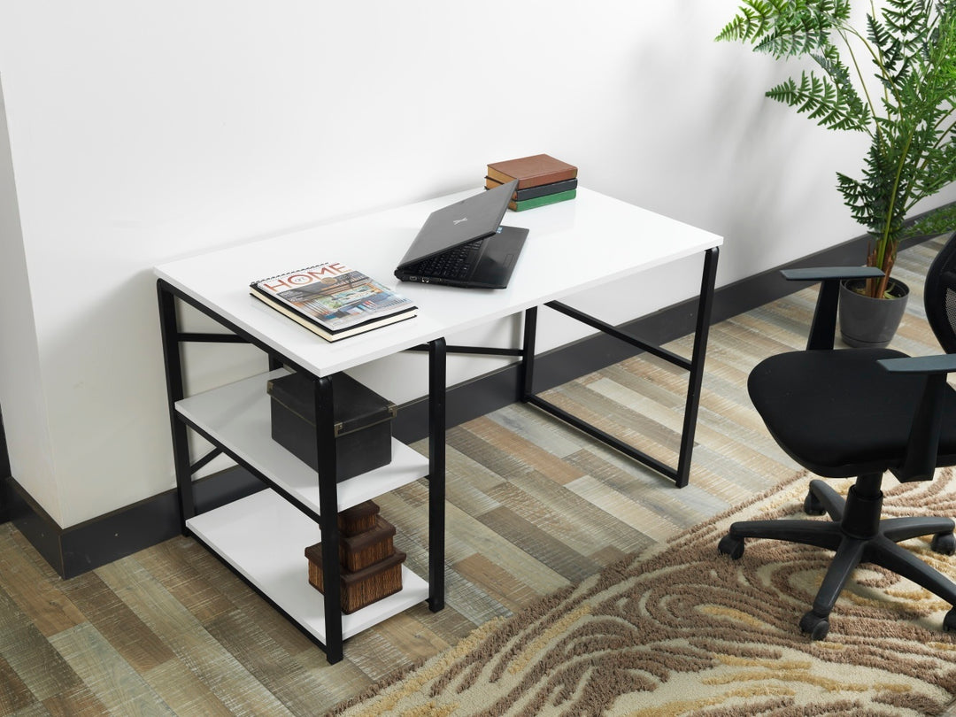 Store Sage Black Metal Frame 47" Wooden Top 2 Shelves Writing and Computer Desk for Home Office, White
