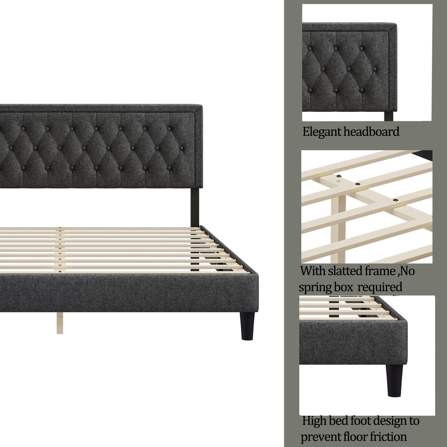 Full size Panel Bed Frame with Adjustable Button-Tufted Headboard for Bedroom/Linen Upholstered/Wood Slat Support/Easy Assembly,Dark Grey