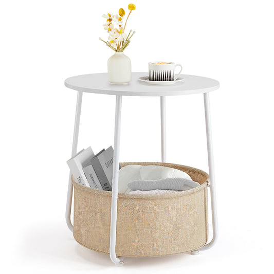 Small Round Side End Table for Living Room - White& Beige