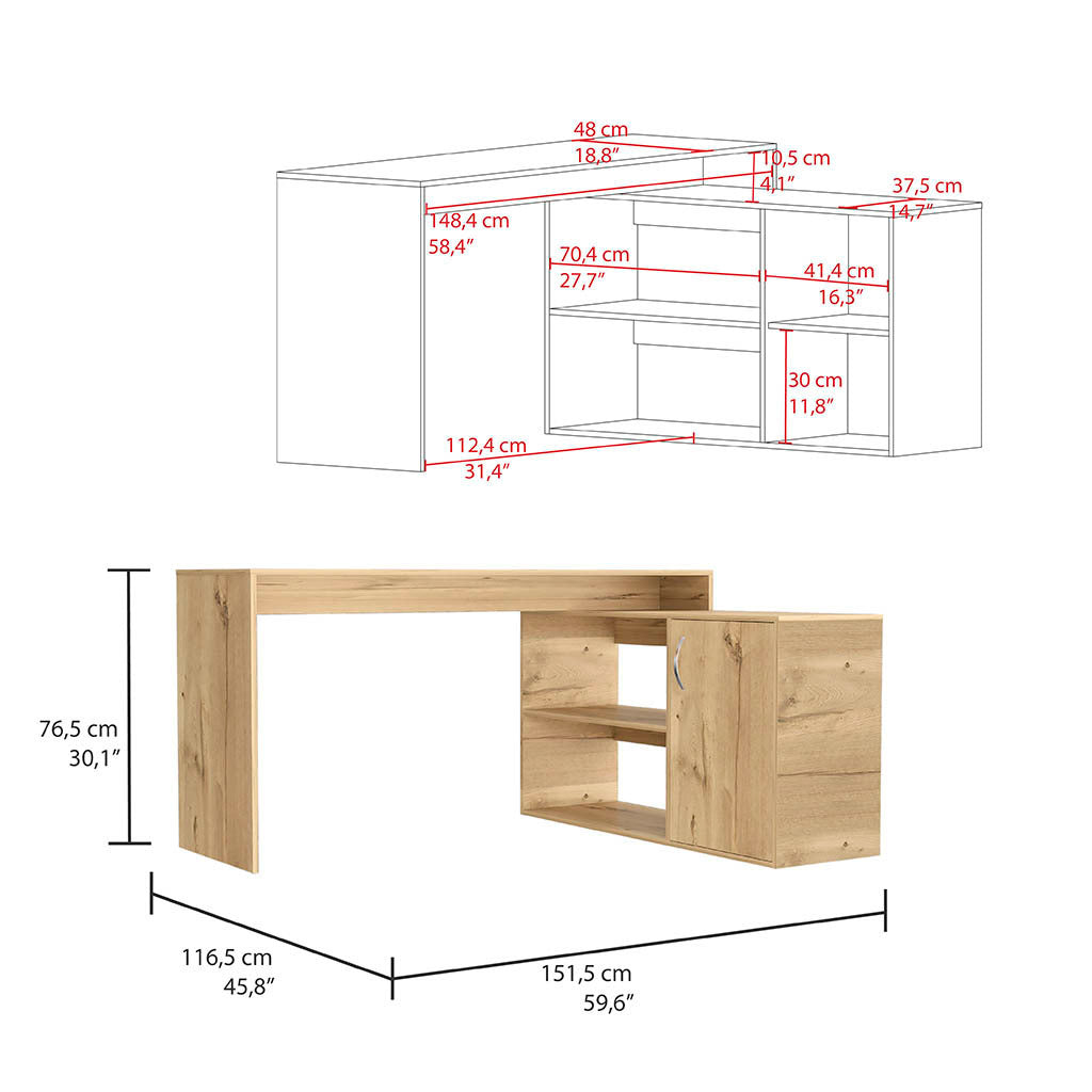 Modern L-Shaped Computer Desk with Open & Closed Storage -Light Oak