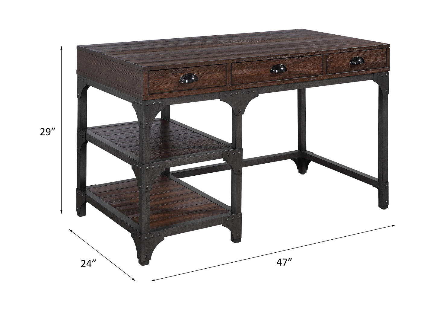 Writing Desk, Espresso Oak Finish & Antique Black Metal