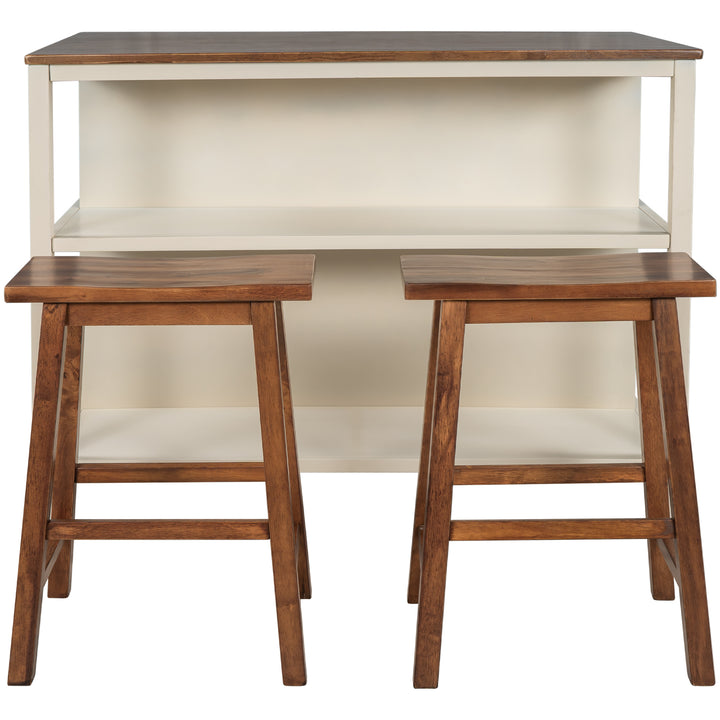 Solid Wood Rustic 3-piece 45" Stationary Kitchen Island Set with 2 Seatings, Rubber Wood