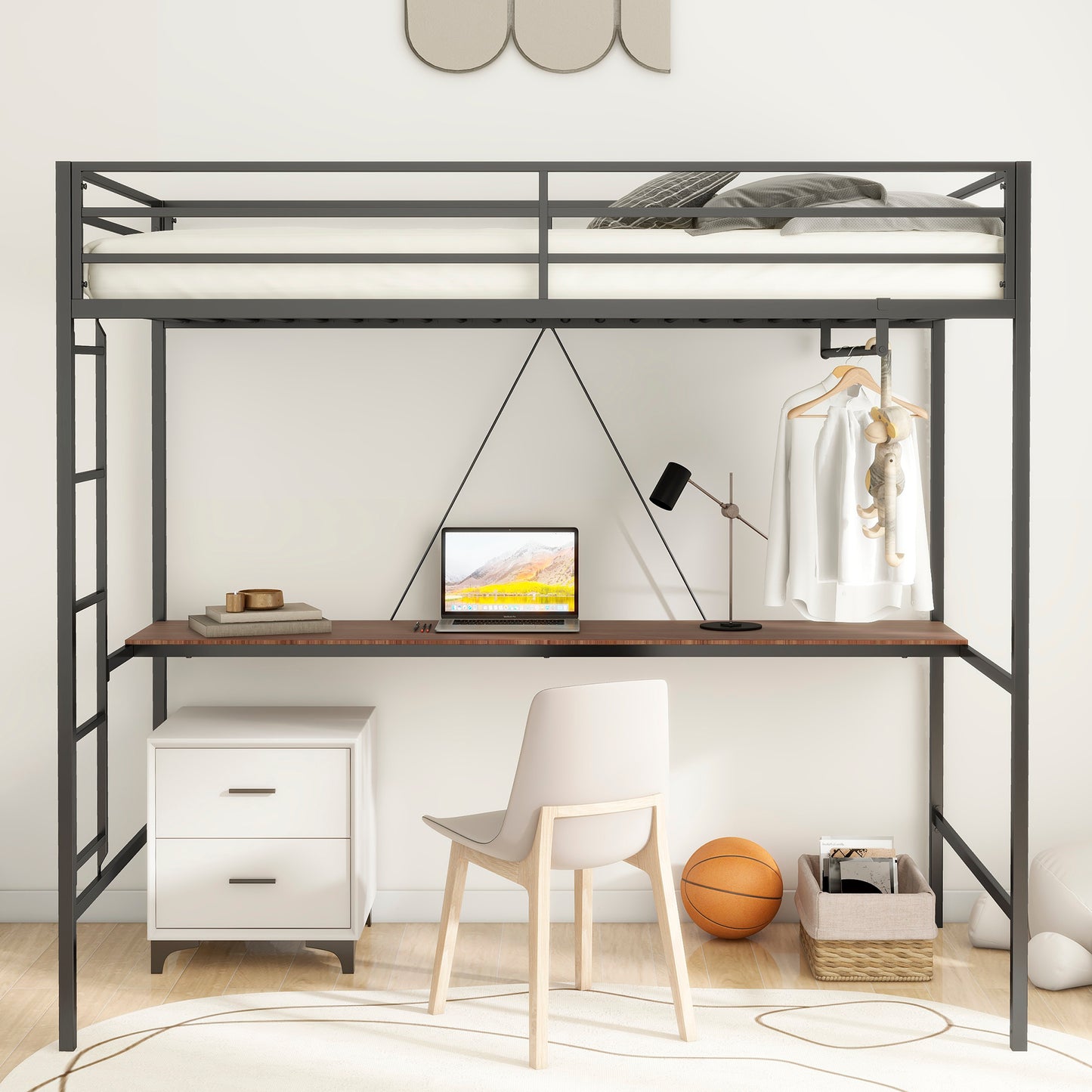 Twin Loft Bunk Black with Cinnamon Wood Desk and Closet Rod