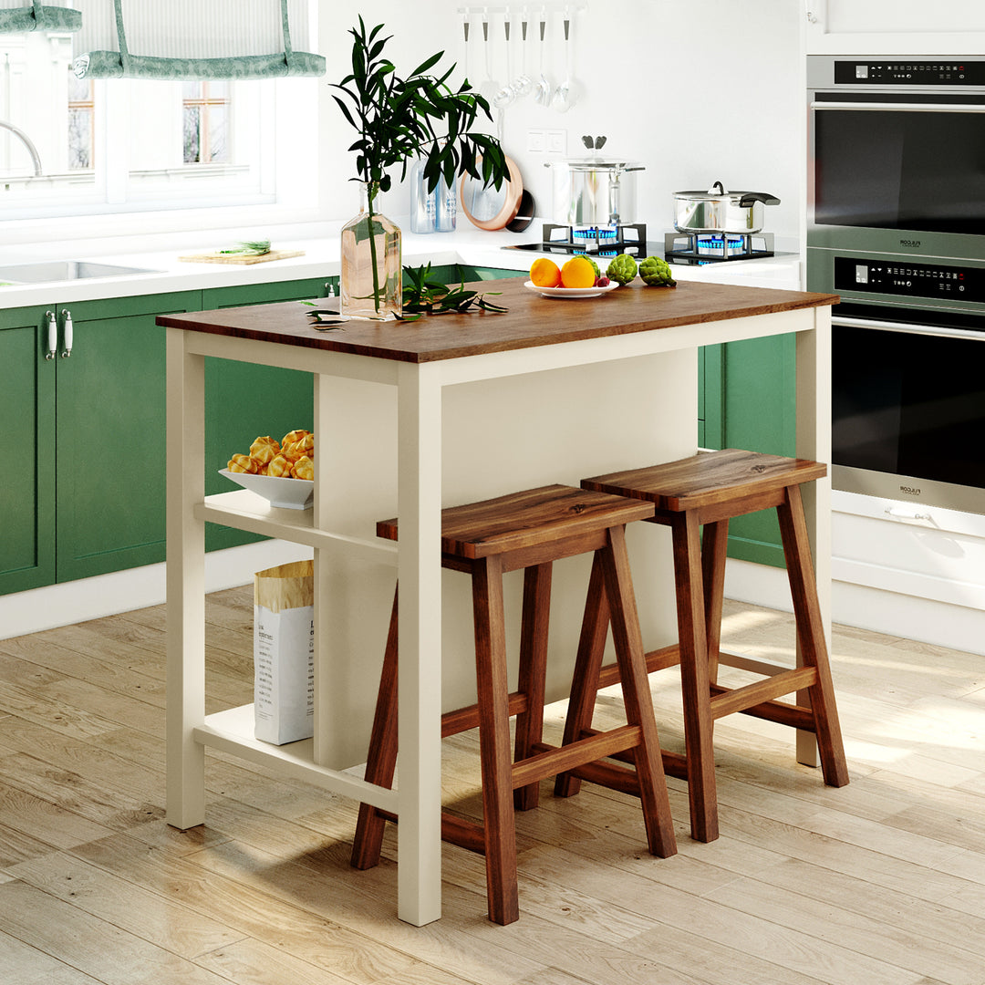 Solid Wood Rustic 3-piece 45" Stationary Kitchen Island Set with 2 Seatings, Rubber Wood