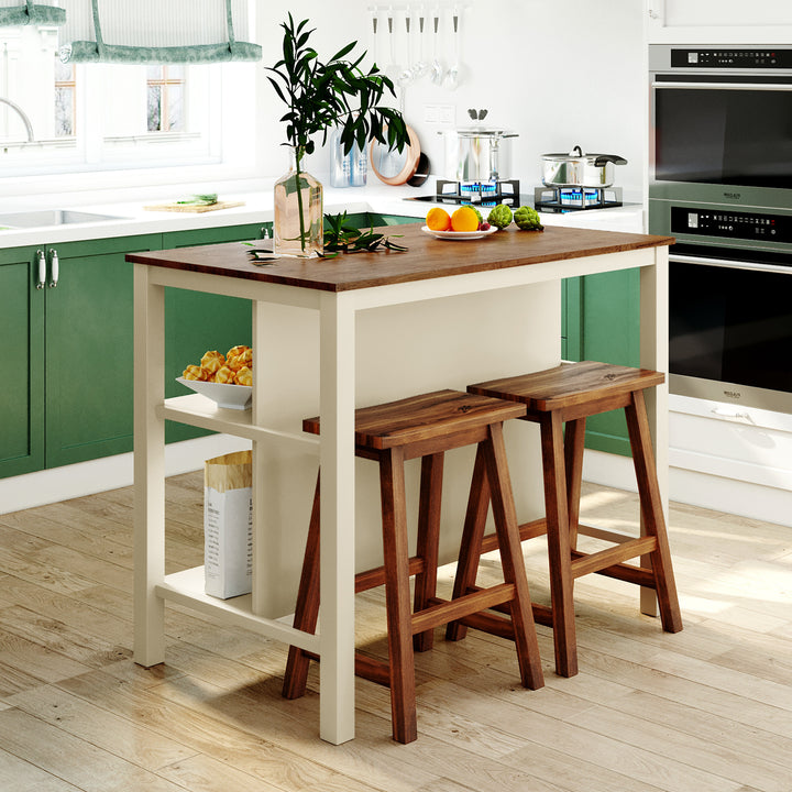 Solid Wood Rustic 3-piece 45" Stationary Kitchen Island Set with 2 Seatings, Rubber Wood