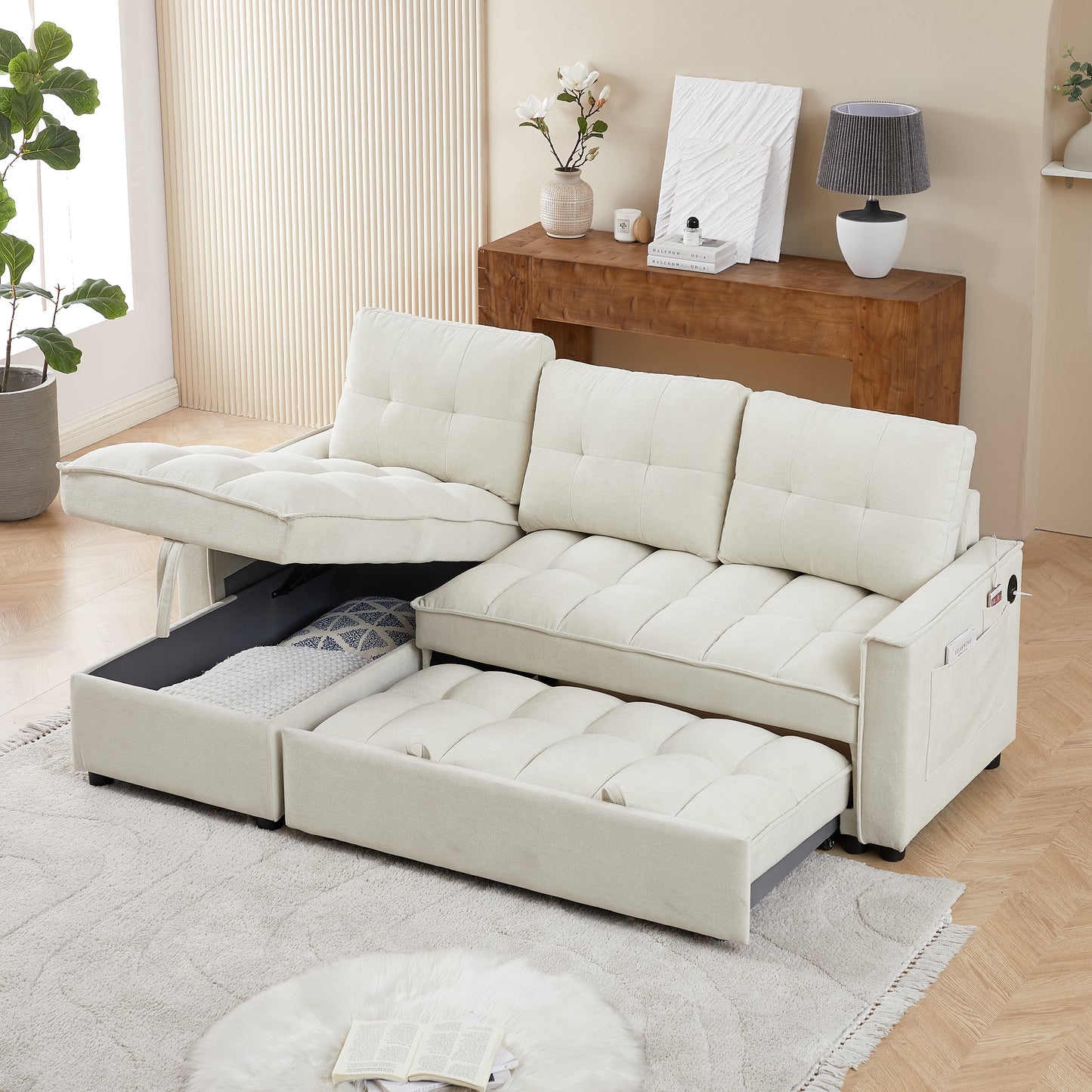 78.75" Reclining Sofa, Pull-Out Sofa Bed with USB and tape-c charging ports, L-Shaped Sectional Sofa with Reclining Storage and Arm Side Organizer Pocket Features