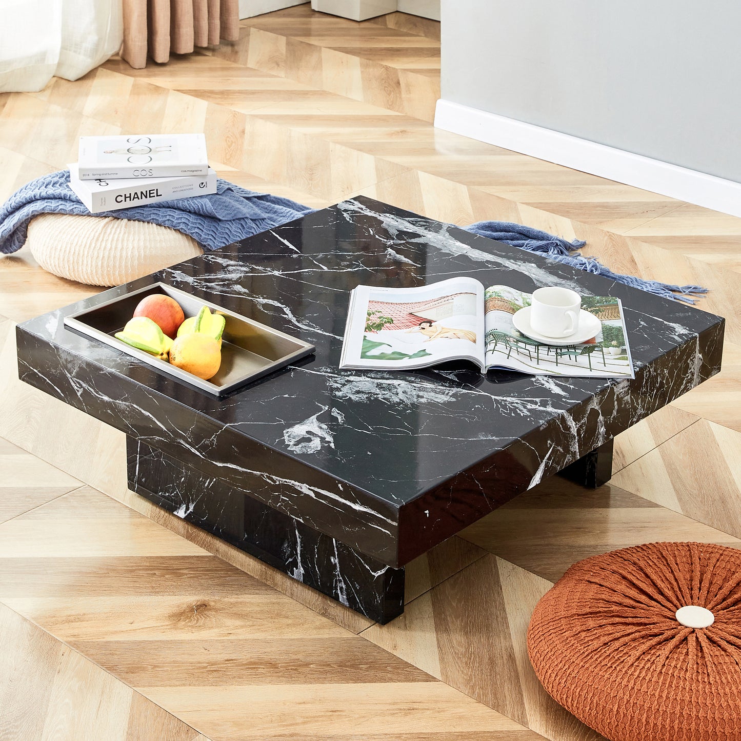 A coffee table made of MDF material with black patterns. 31.4"*31.4"*12"