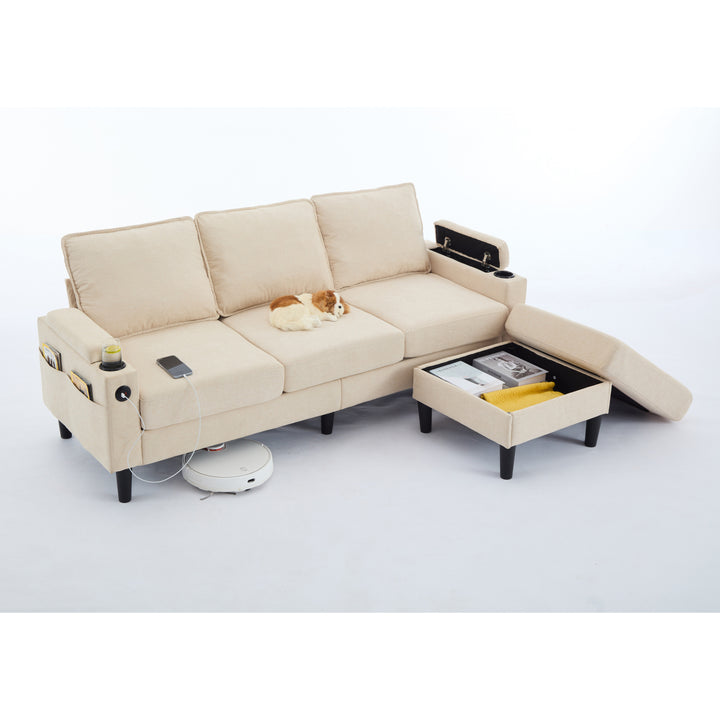 beige color knock down 3-seat combo sofa with storage ottoman