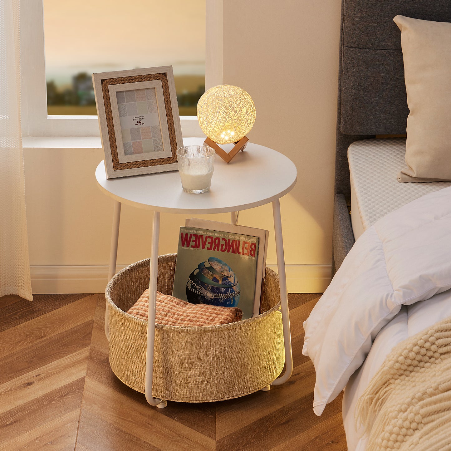 Small Round Side End Table for Living Room - White& Beige