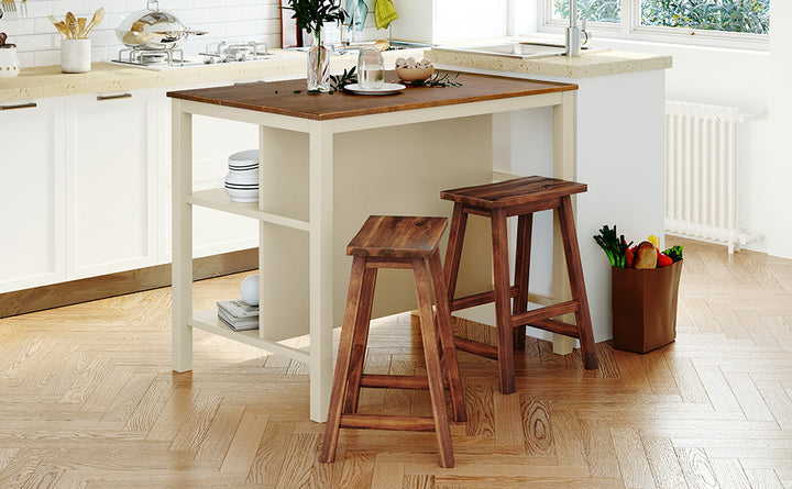 Solid Wood Rustic 3-piece 45" Stationary Kitchen Island Set with 2 Seatings, Rubber Wood