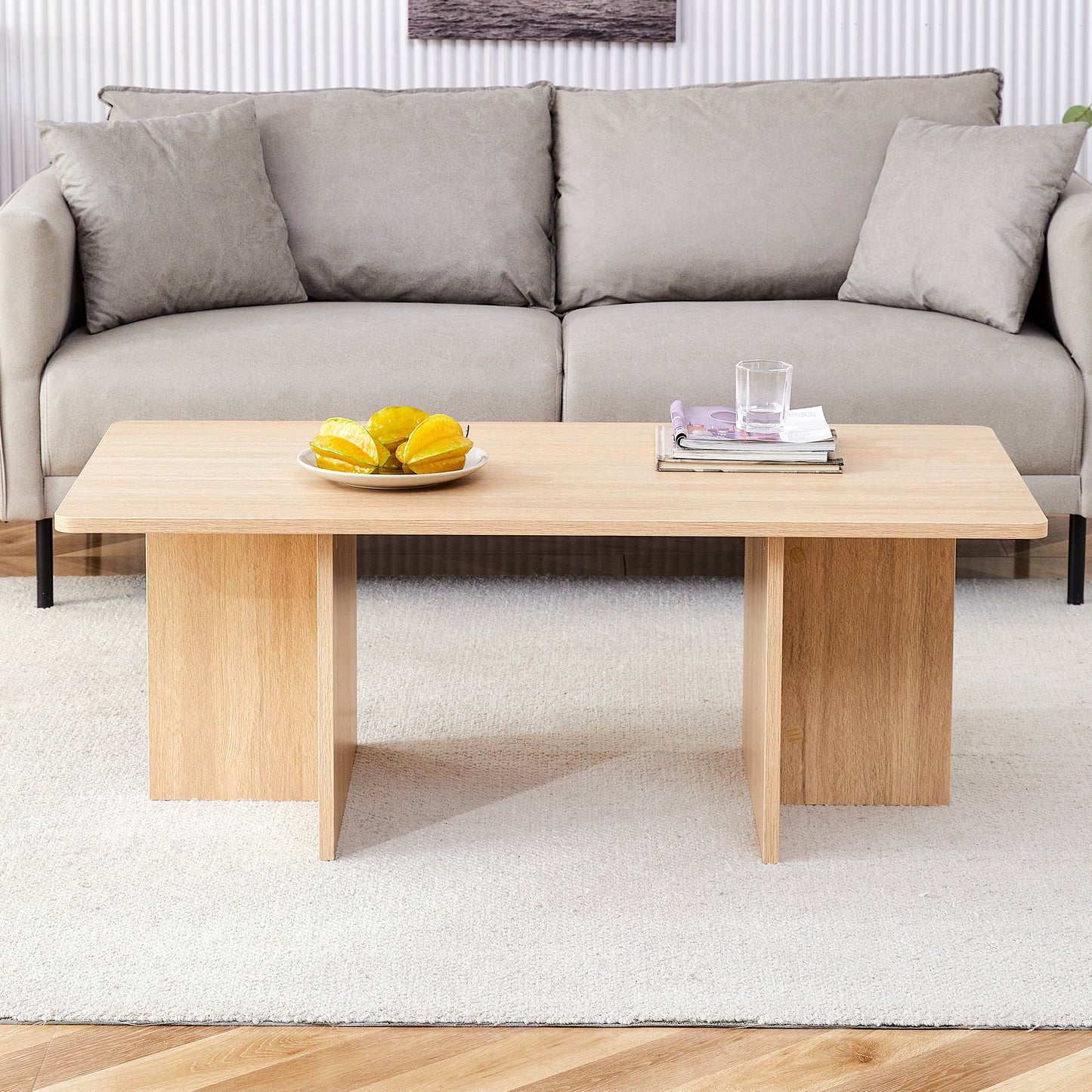 A wood colored coffee table.