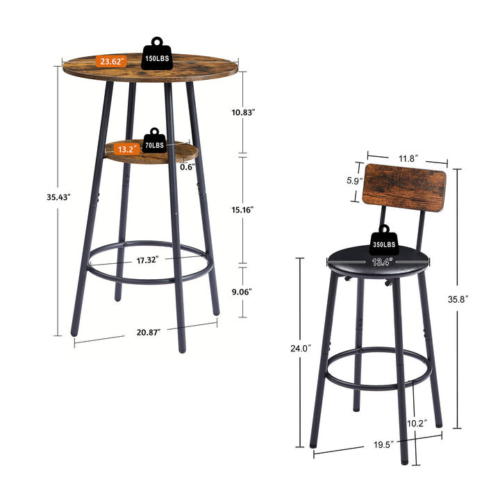 Round bar stool set with shelf, upholstered stool with backrest, Rustic Brown