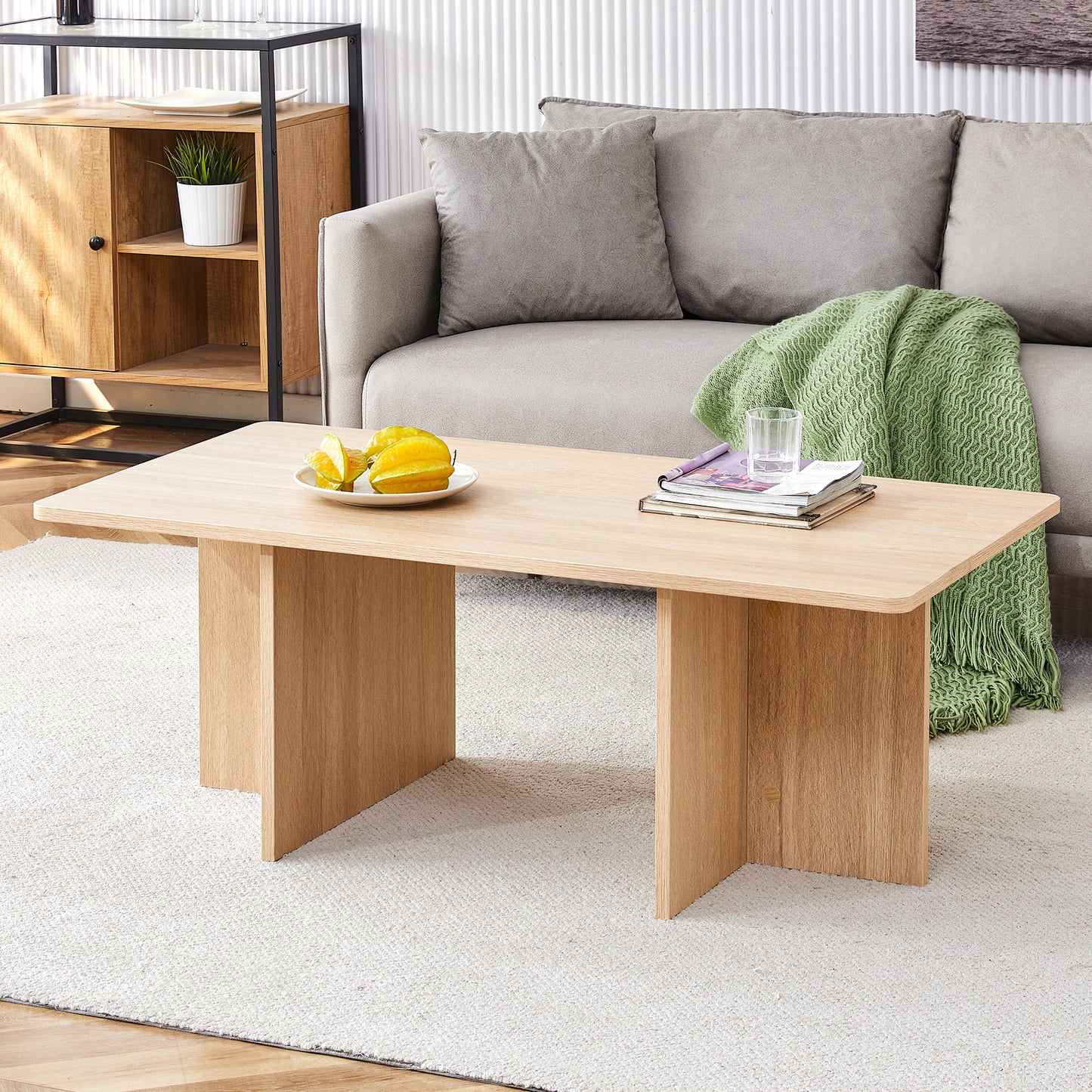 A wood colored coffee table.