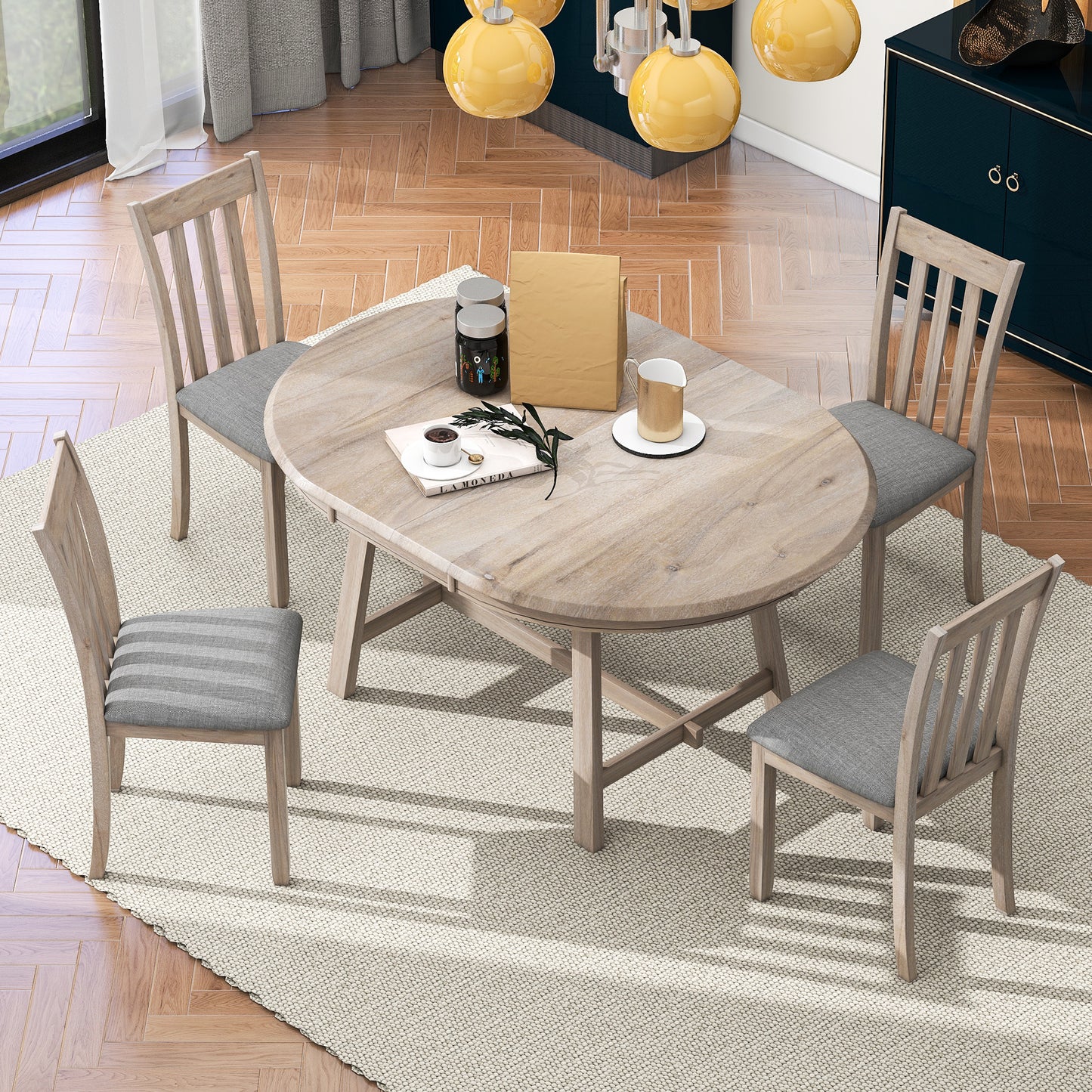 5-Piece Wood Dining Table Set Round Extendable Dining Table with 4 Dining Chairs, Dining Room Table Set for 4 person for Dining Room (Natural Wood Wash)