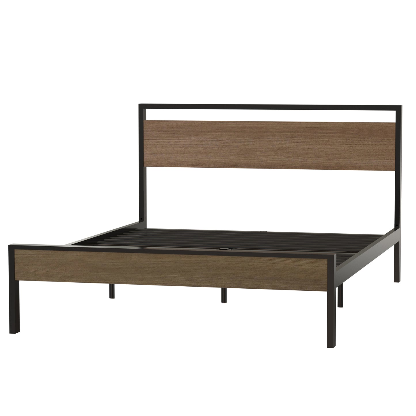 Metal Bed, Black with Cinnamon Wood Headboard & Footboard, Queen