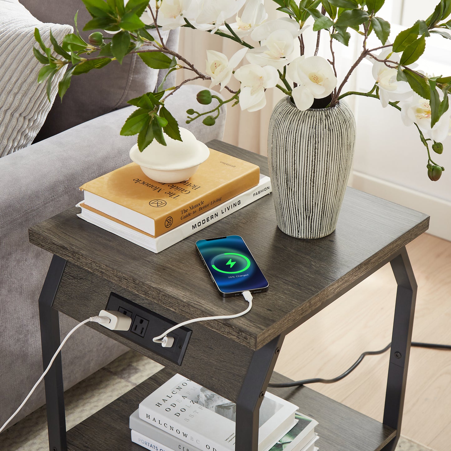 Side Table with Charging Station, Set of 2 End Tables with USB Ports and Sockets