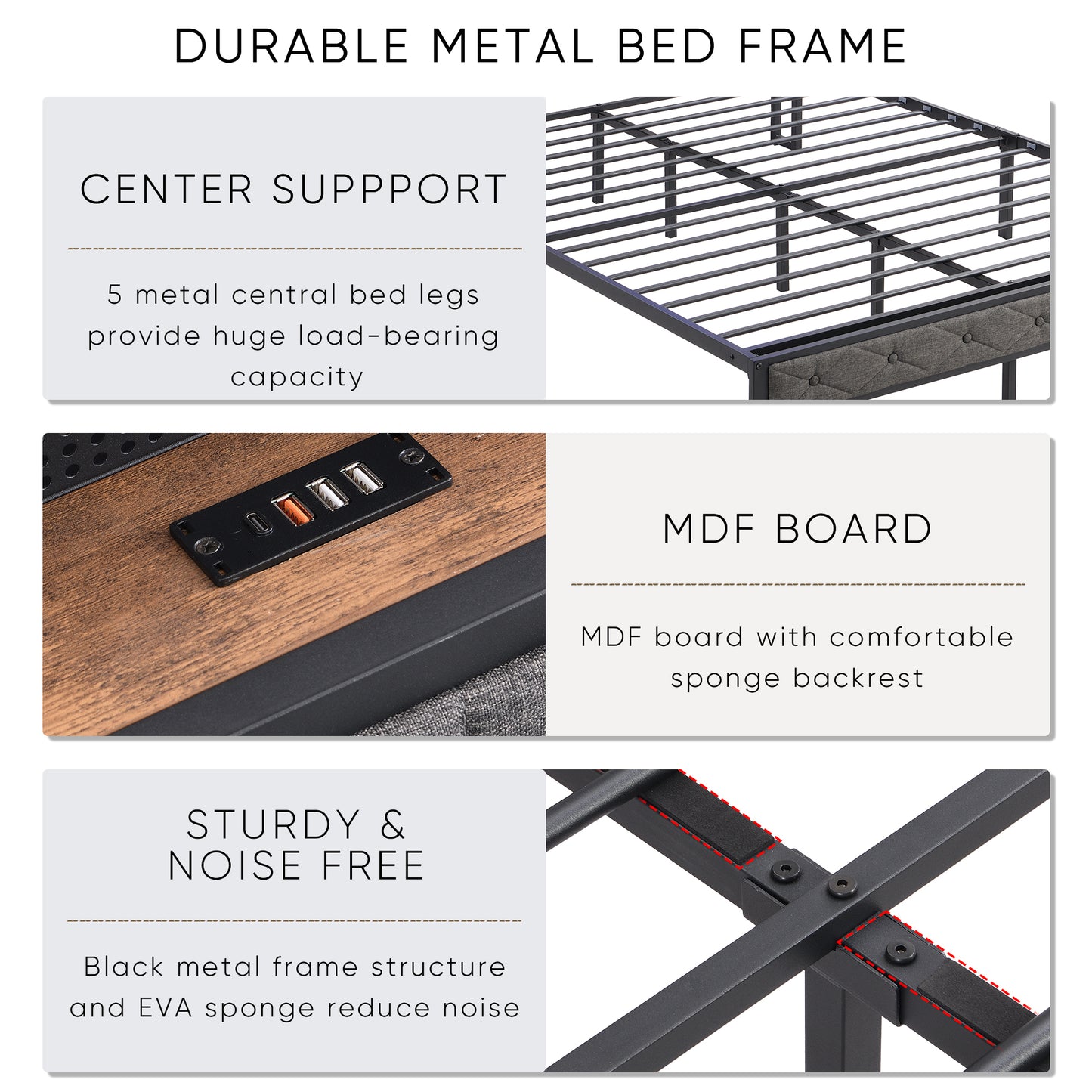 Queen Bed Frame with Storage Headboard, Charging Station and LED Lights, Dark Gray